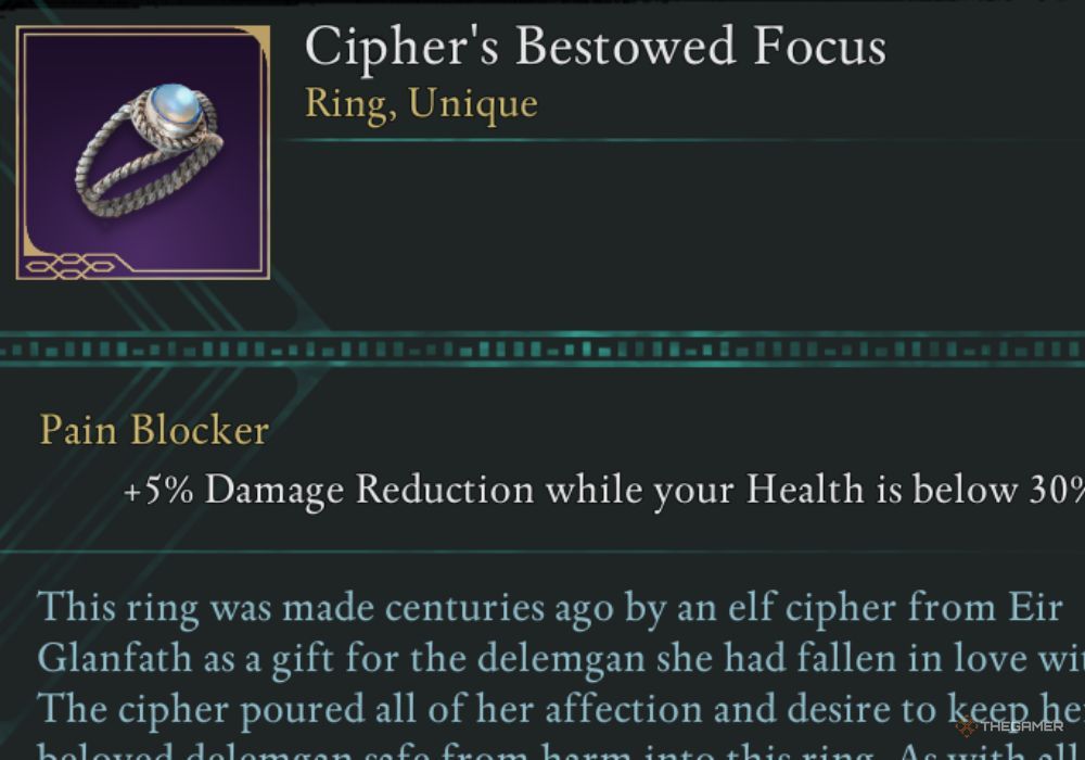 Avowed Cipher's Bestowed Focus unique item description.