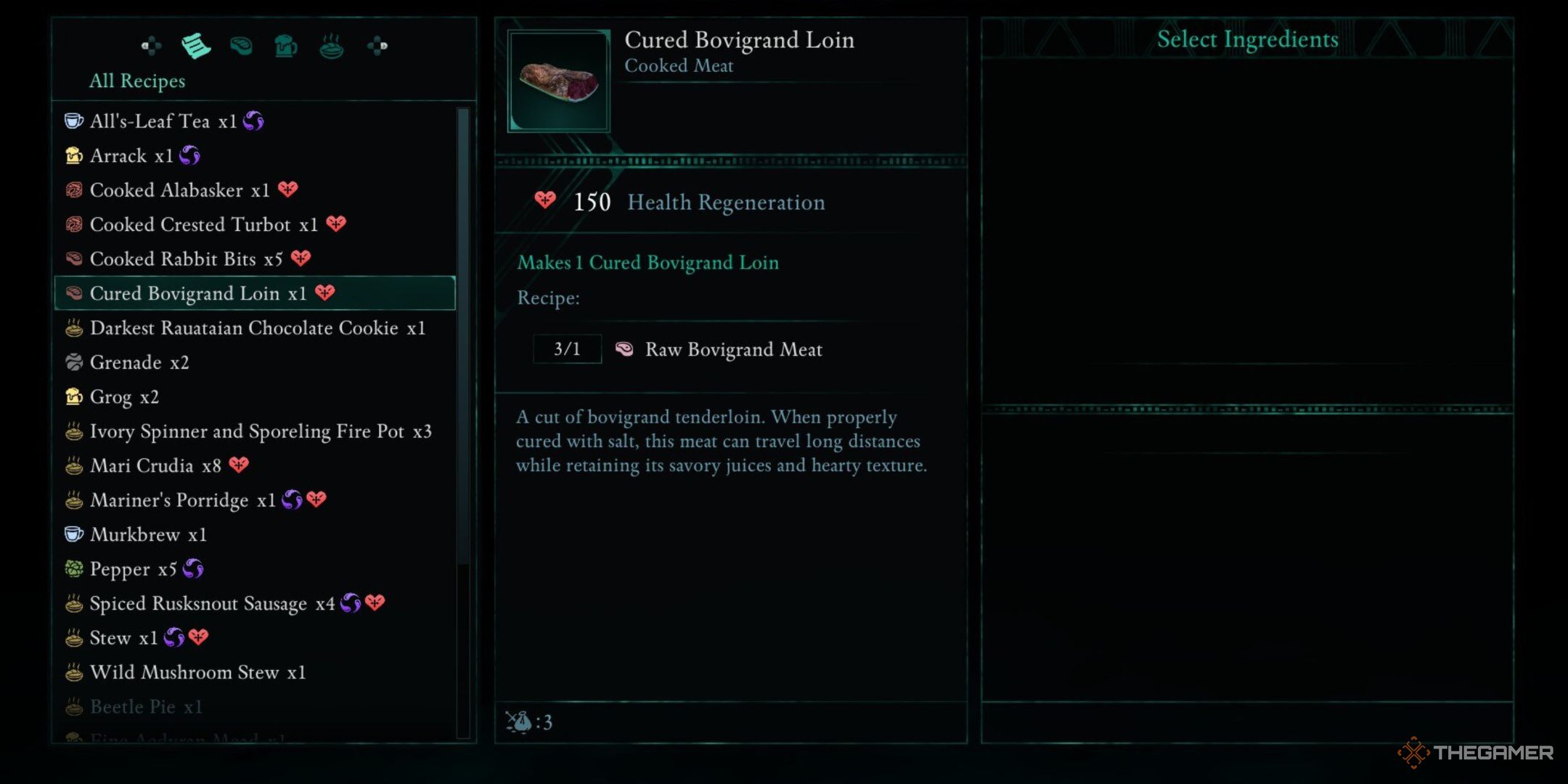 Avowed, Cooked Bovigrand Loin in the crafting menu, showcasing the additional effects, the recipe, and a brief description.