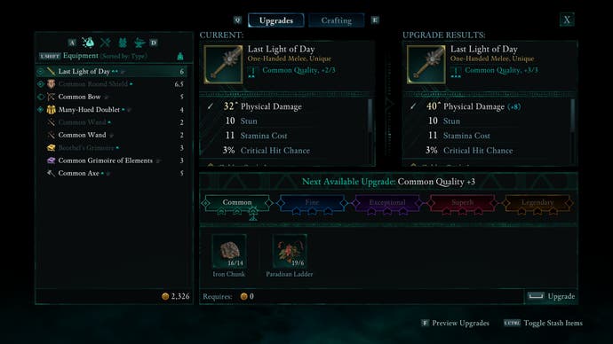 The crafting interface in Avowed. It allows you to upgrade equipment through a handful of tiers.