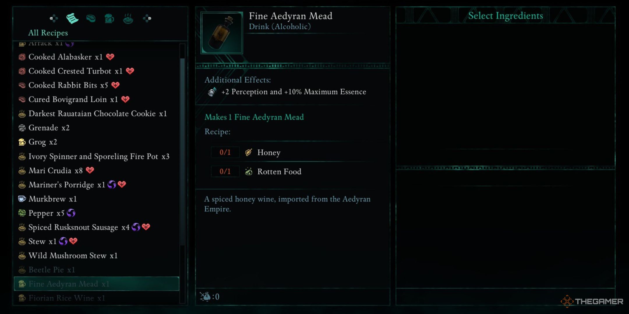 Avowed, Fine Aedyran Mead in the crafting menu, showcasing the additional effects, the recipe, and a brief description.