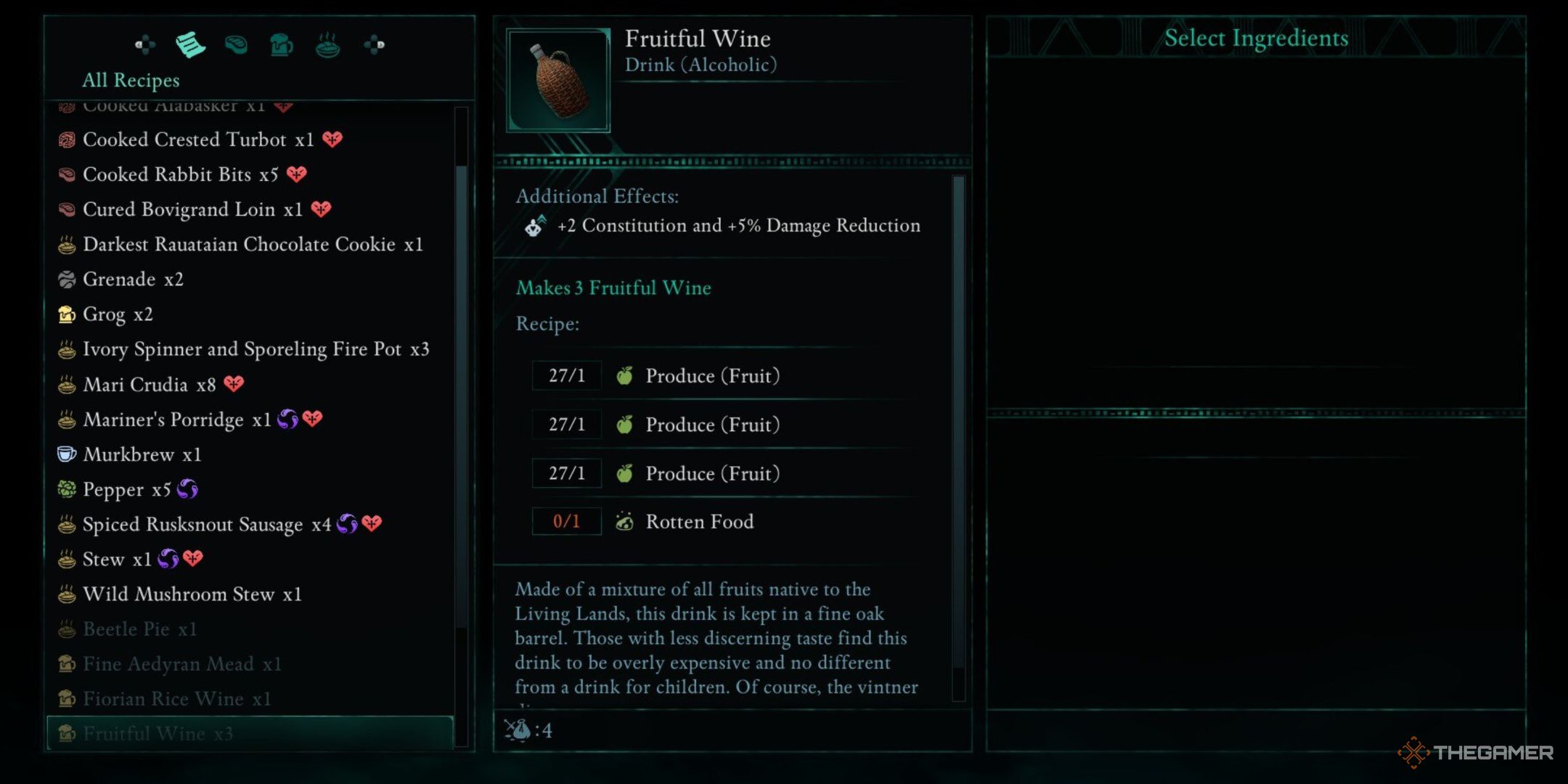 Avowed, Fruitful Wine in the crafting menu, showcasing the additional effects, the recipe, and a brief description.