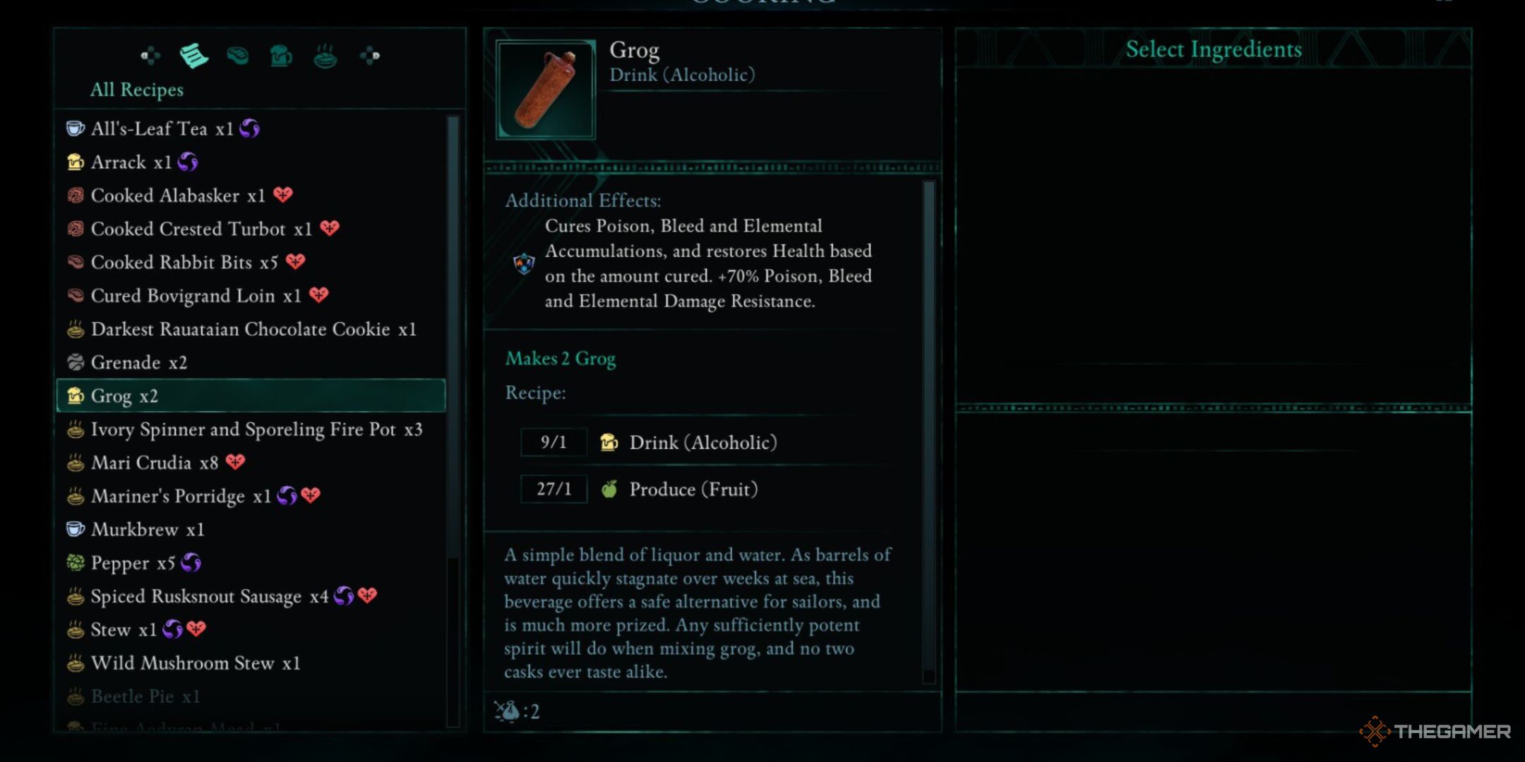 Avowed, Grog in the crafting menu, showcasing the additional effects, the recipe, and a brief description.