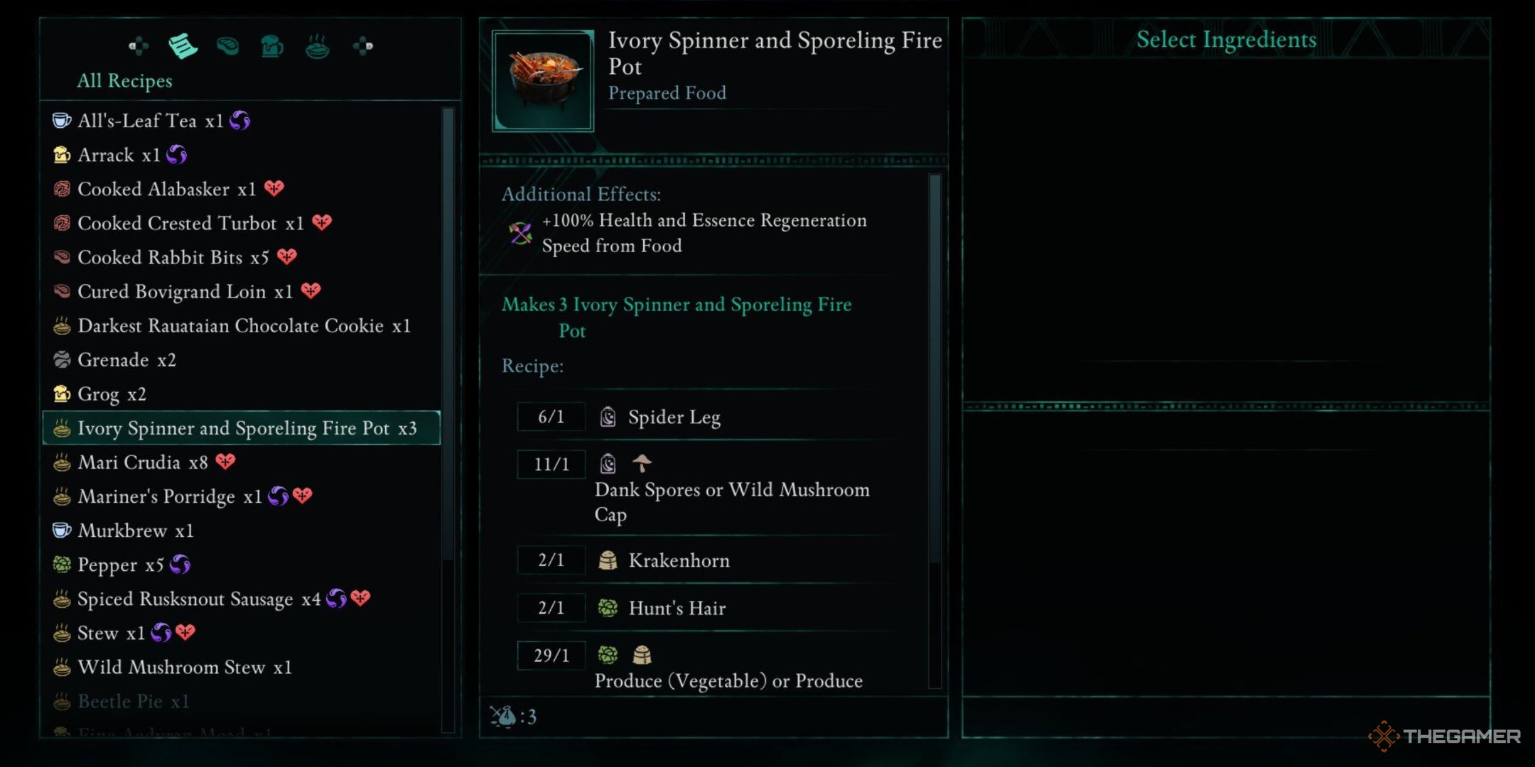 Avowed, Ivory Spinner and Spreling Fire Pot in the crafting menu, showcasing the additional effects, the recipe, and a brief description.