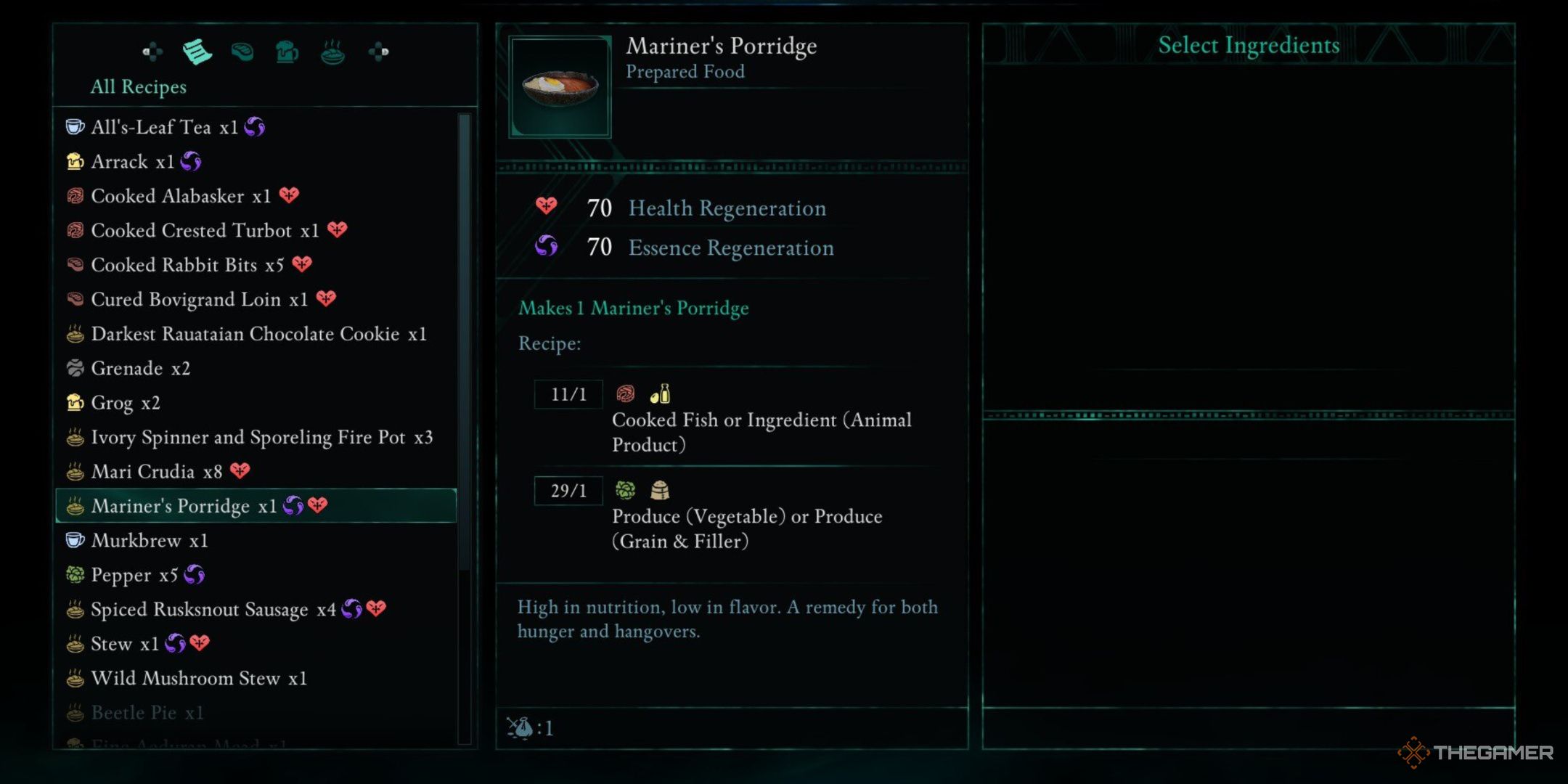 Avowed, Mariner's Porridge in the crafting menu, showcasing the additional effects, the recipe, and a brief description.