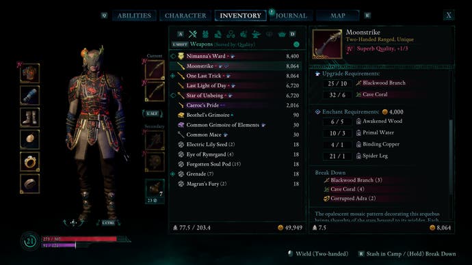 An Avowed screenshot showing the game's inventory and equipment screen. Bertie's character here is stacked with good loot - this is taken towards the end of the game - and items named in appealing ways such as a gone called One Last Trick.