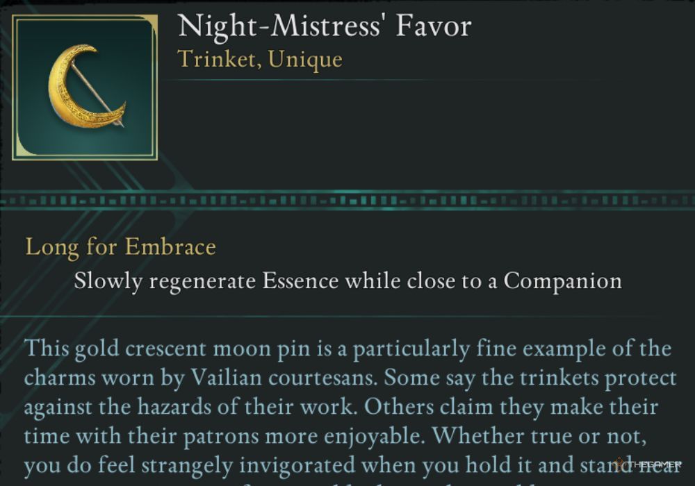 Avowed Night-Mistress' Favor unique item description.