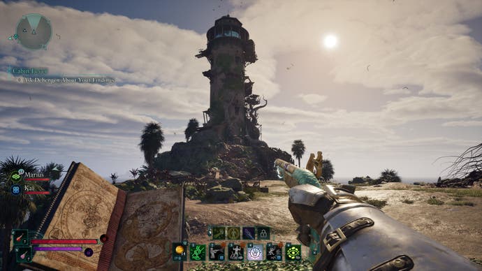 An Avowed screenshot showing our character's first-person viewpoint of a lighthouse nearby. It's wrapped in plant growth and bathed in the glow of an evening sun. A spell book is open in the character's hands and a pistol is in the other. It screams adventure.