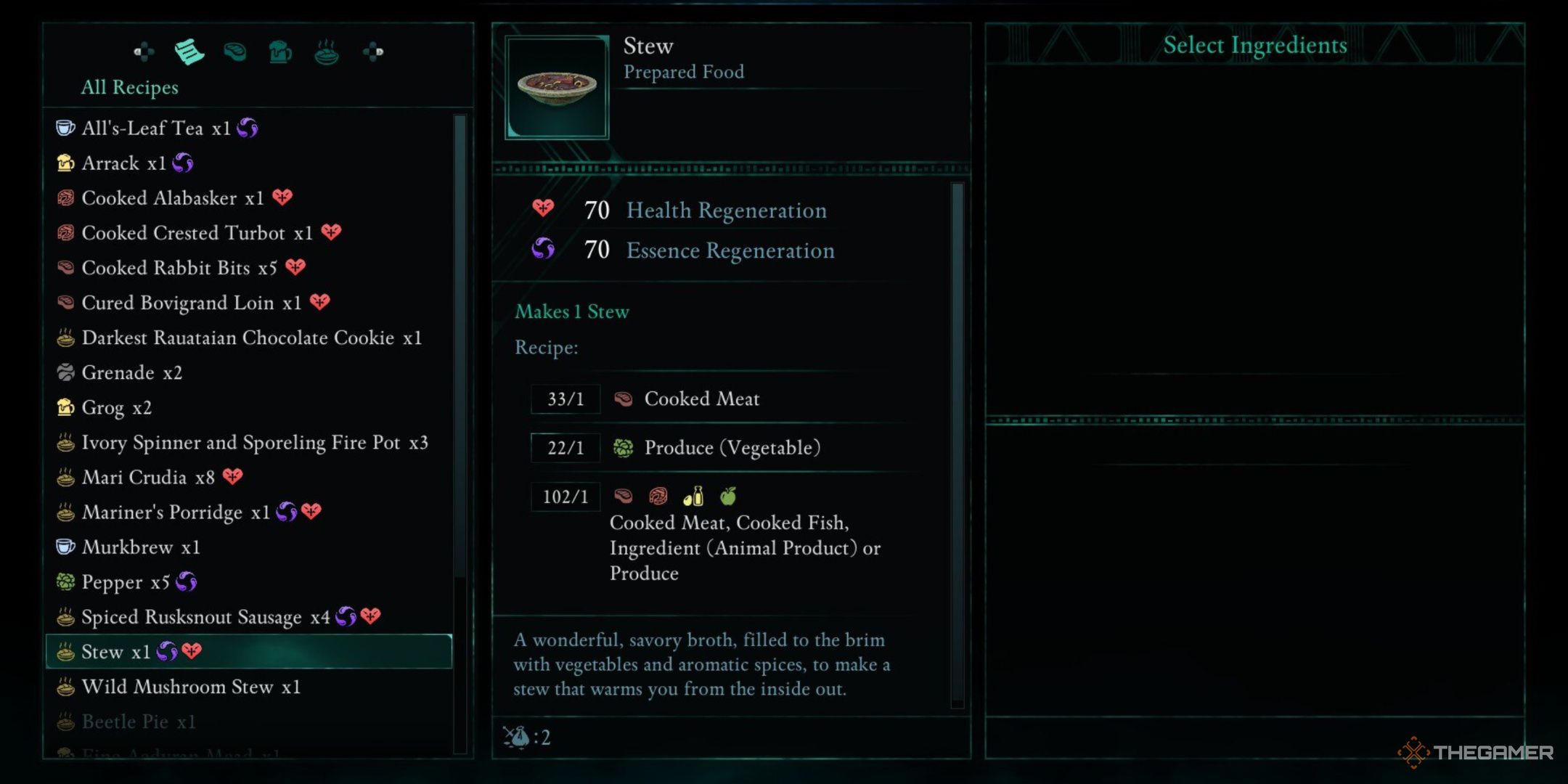 Avowed, Stew in the crafting menu, showcasing the additional effects, the recipe, and a brief description.