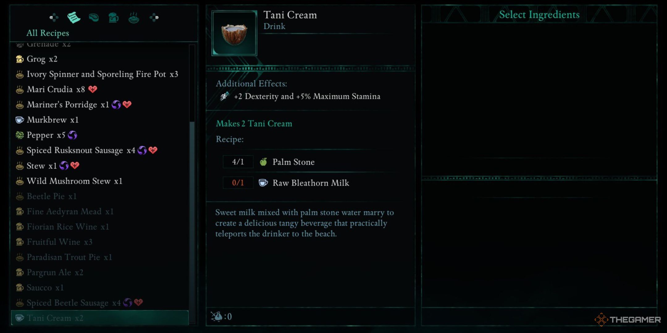 Avowed, Tani Cream in the crafting menu, showcasing the additional effects, the recipe, and a brief description.