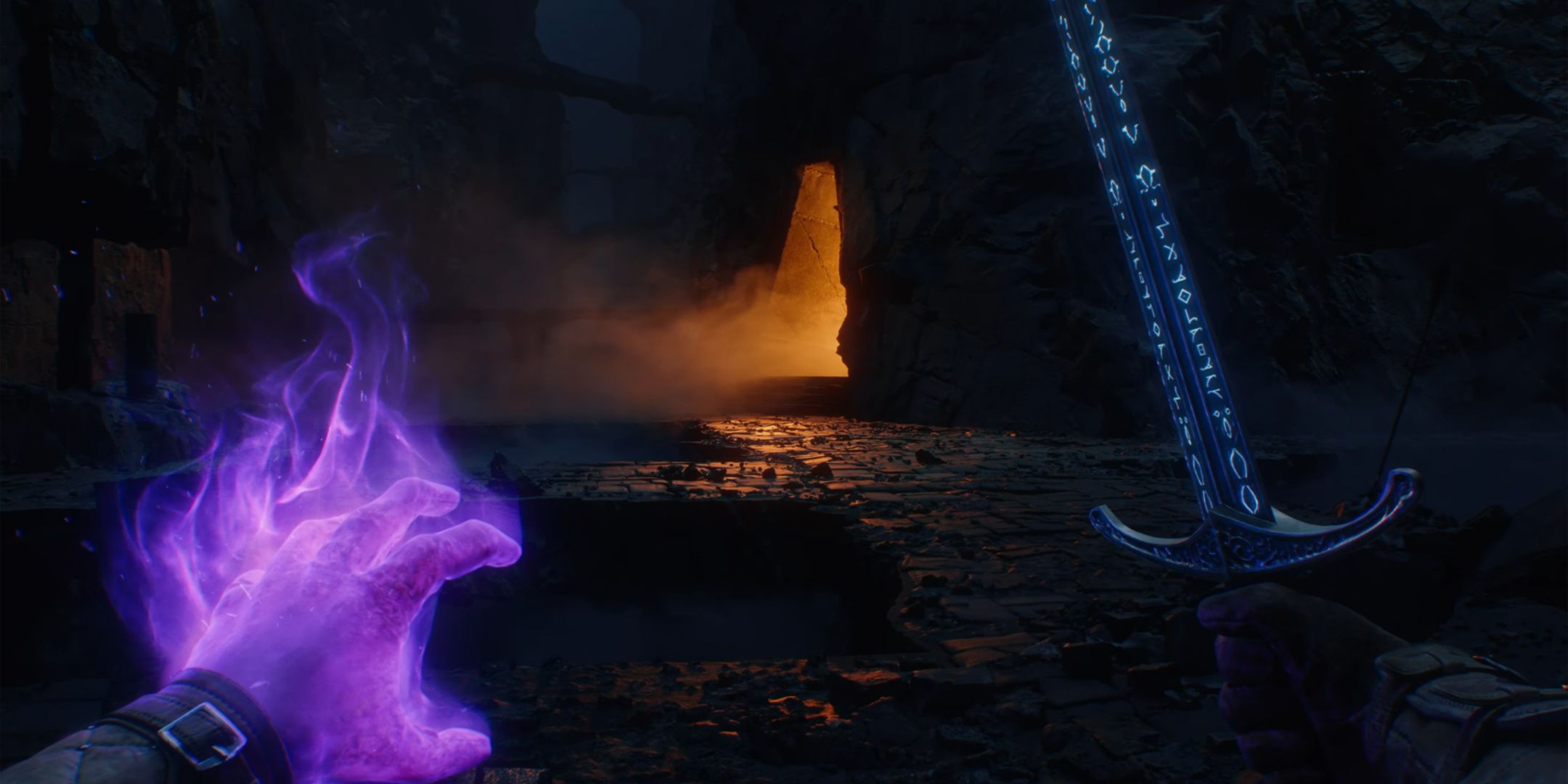 Avowed, the player character's hands, one glowing with magic while the other holds a sword covered in runes.