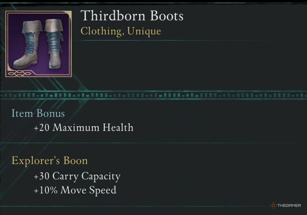 Avowed Thirdborn Boots unique item description.