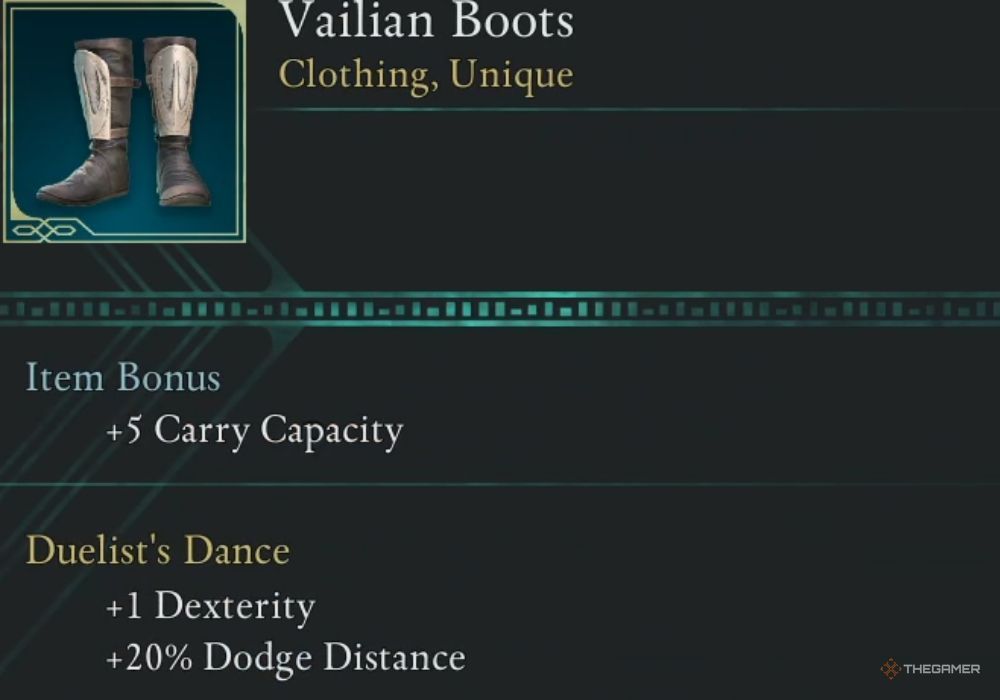 Avowed Vailian Boots unique item description.