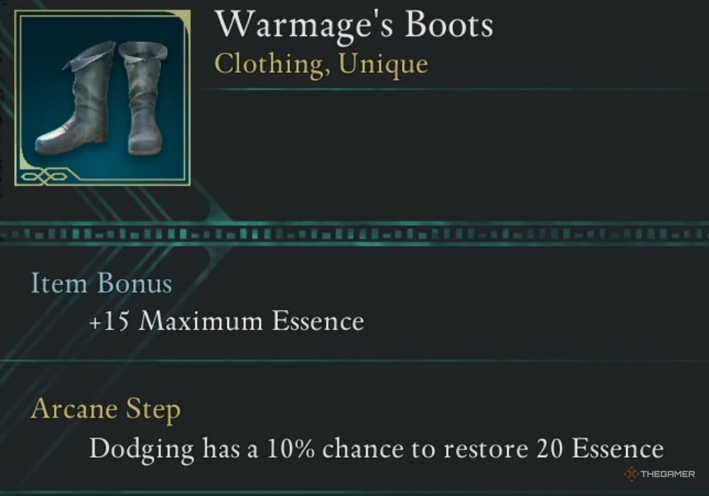 Avowed Warmage's Boots unique item description.