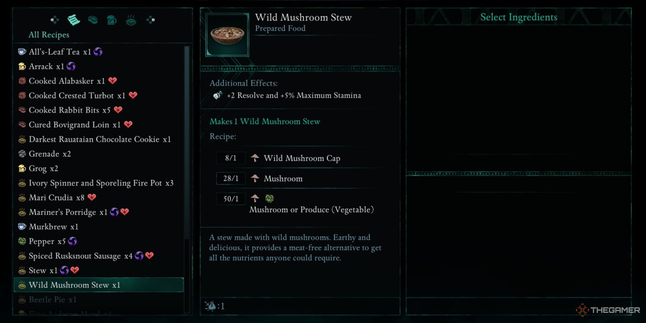 Avowed, Wild Mushroom Stew in the crafting menu, showcasing the additional effects, the recipe, and a brief description.