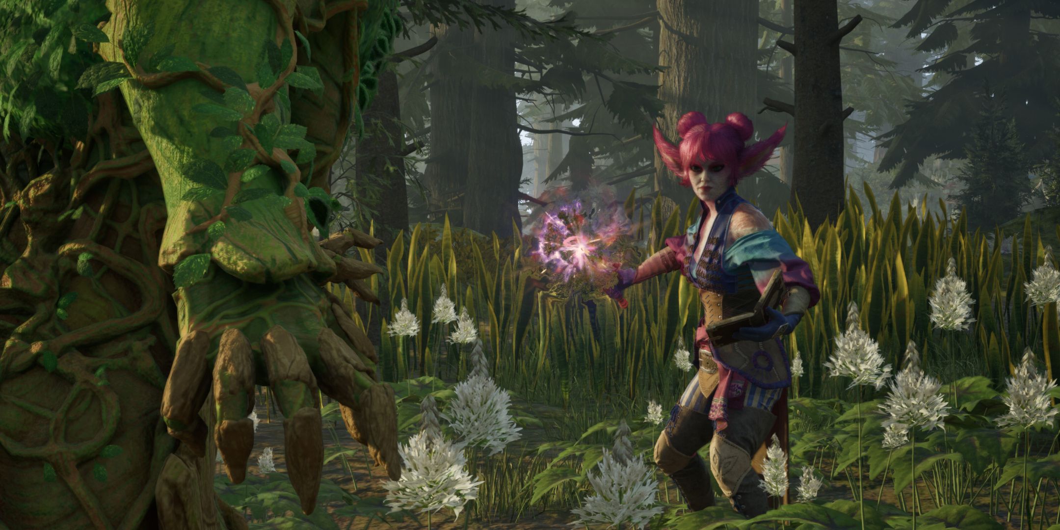 Avowed, Yatzli in a defensive stance, ready to fight a wooden tree-like enemy in the foreground.