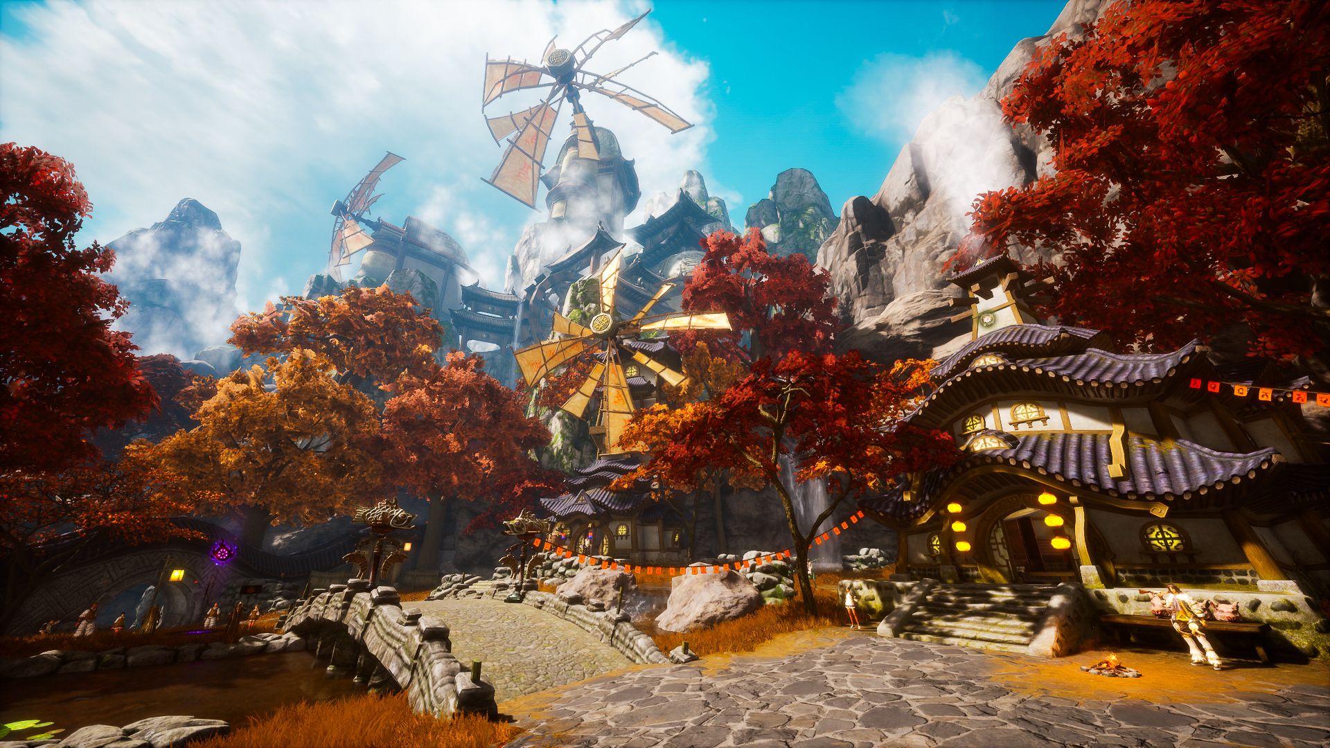 A beautiful autumn landscape showing trees, a mill, and a house in Blade & Soul NEO.