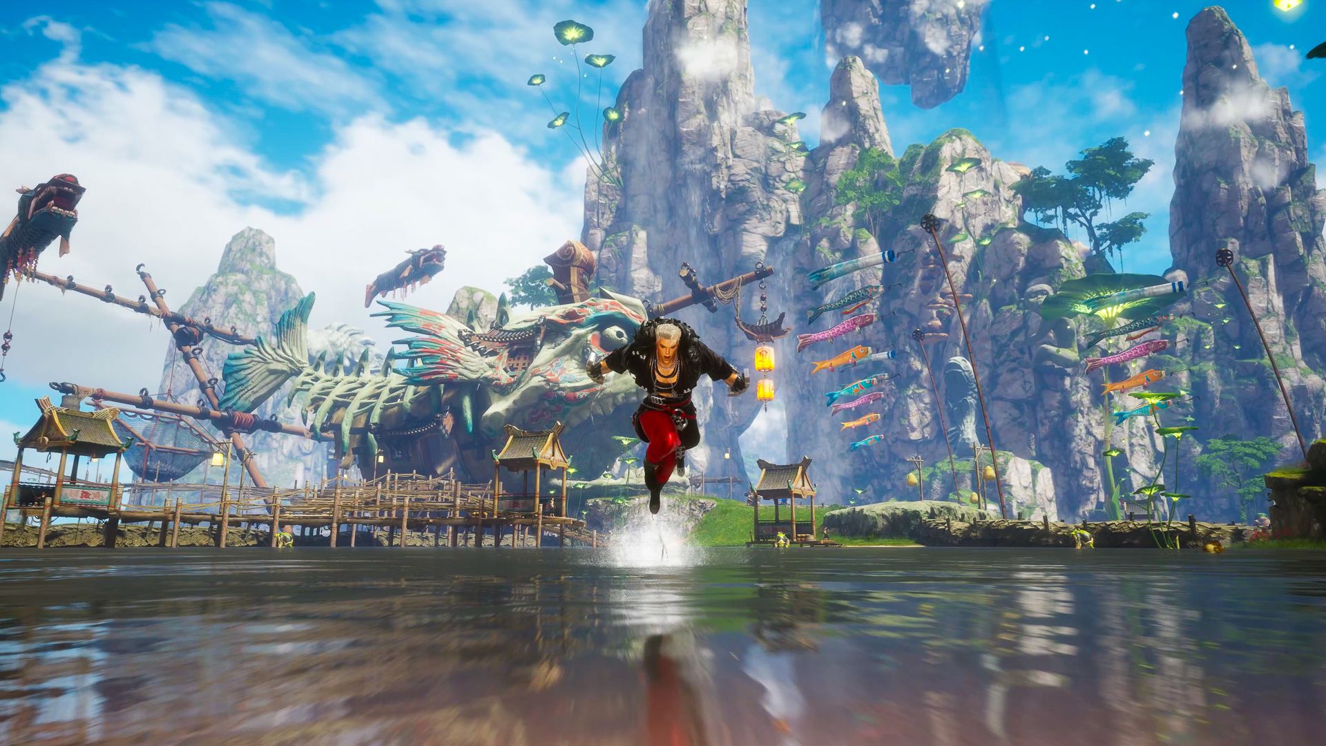 A character running across water with a mountain in the background, in Blade & Soul NEO.