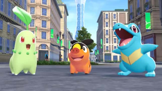 Pokémon laugh in a city street. 