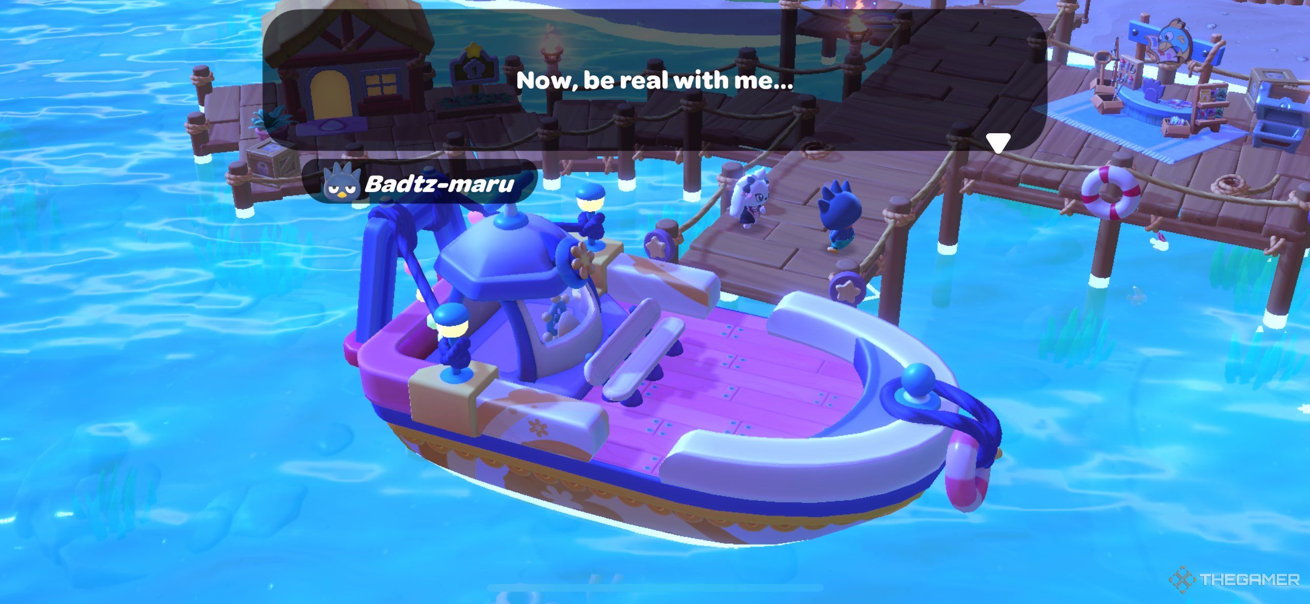 Badtz-maru showing the player the boat in Hello Kitty Island Adventure.