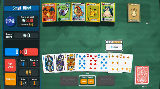 A game of Balatro is shown with Pokemon themed Joker and Tarot cards thanks to Pokermon, one of the best Balatro mods.