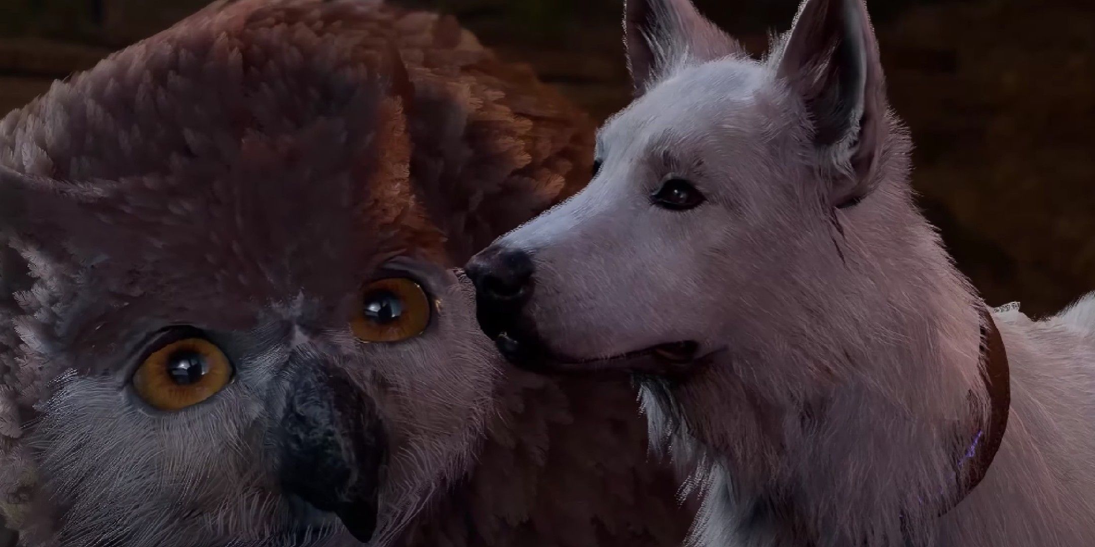 The owlbear cub and Scratch the dog talking to the player at their camp in Baldur's Gate 3.