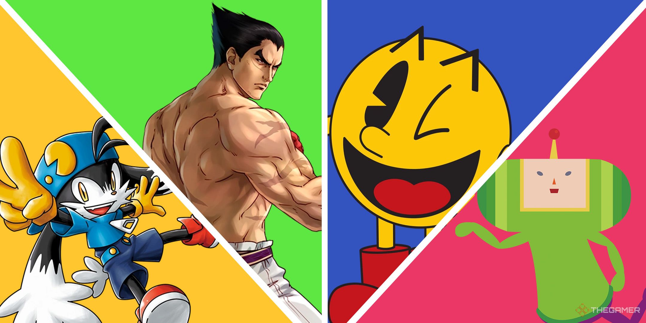 A split image of Bandai Namco IPs. From left to right: Klonoa, Kazuya from Tekken, Pac-Man, and The Prince from Katamari Damacy. 