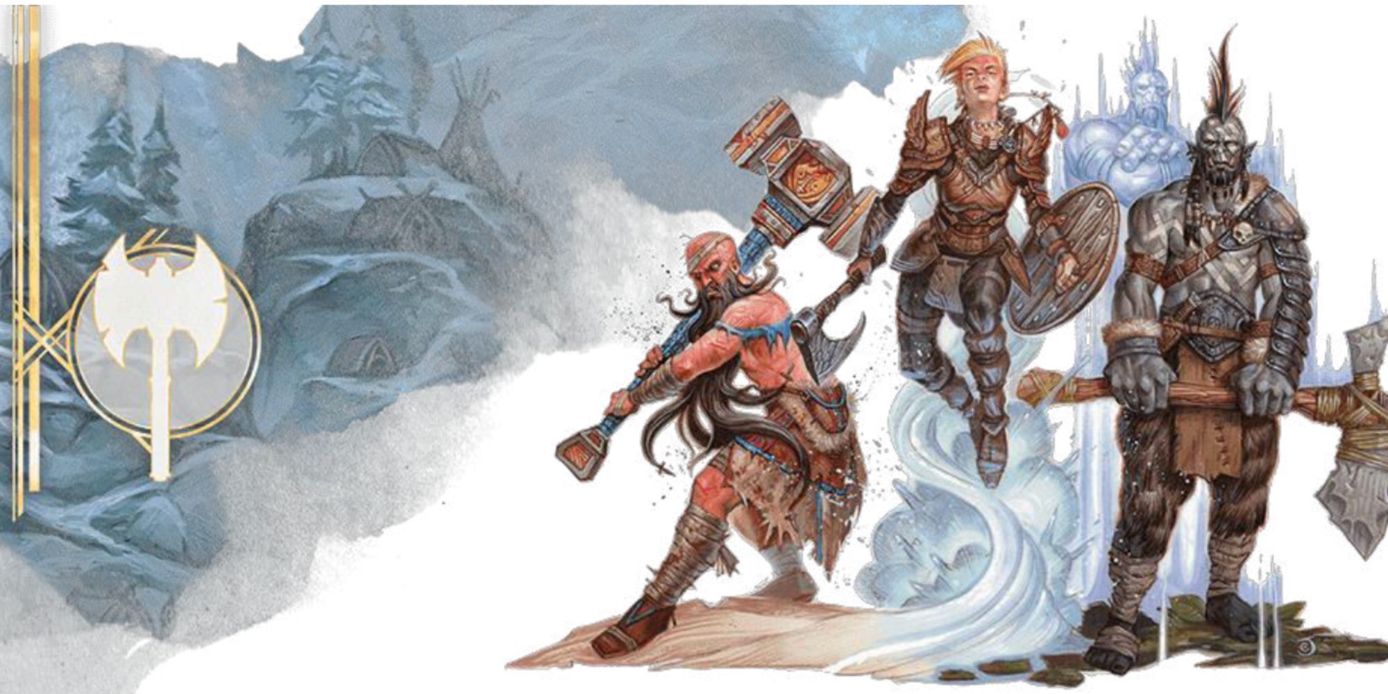 Three Barbarians against a snowy mountain