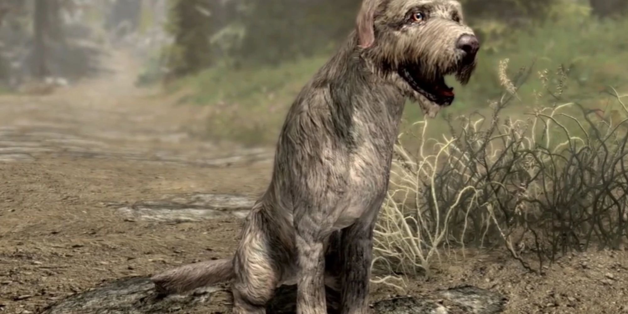 A dog named Barbas sitting in Skyrim. 