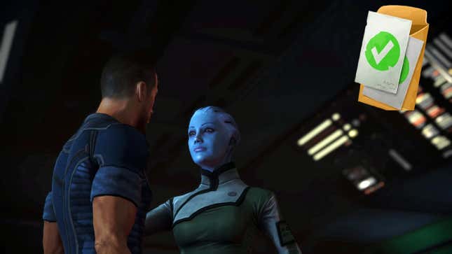 Commander Shepard and Liara embrace as the Fortnite Daily symbol is shown in the corner.