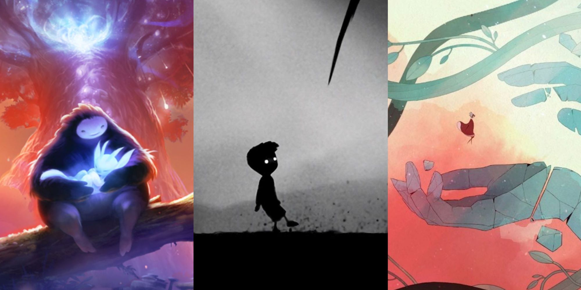 A split image with pictures from Ori and the Blind Forest, Limbo, and Gris