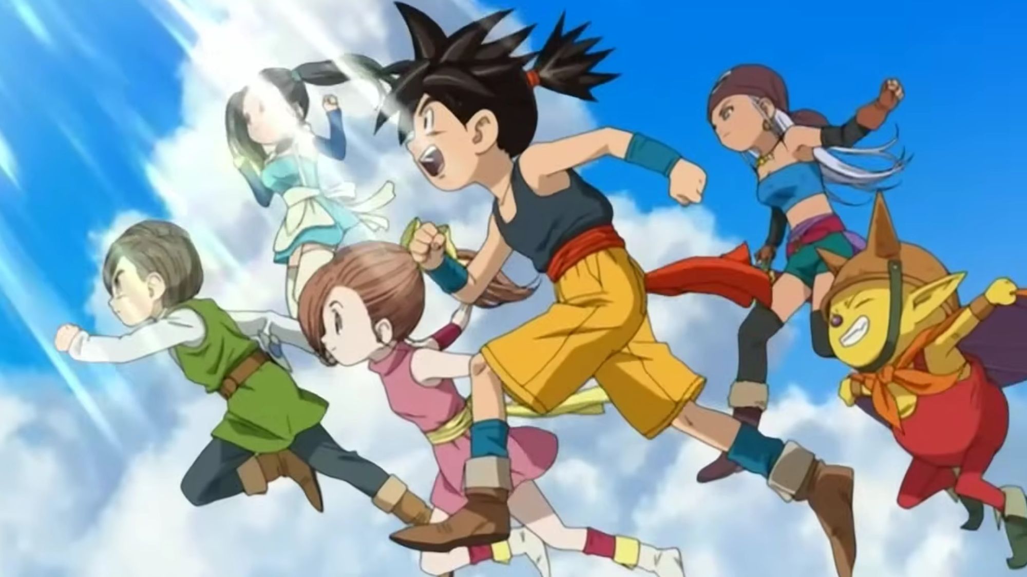 Shu and the rest of Blue Dragon's main cast leap together in this scene from the anime's opening.