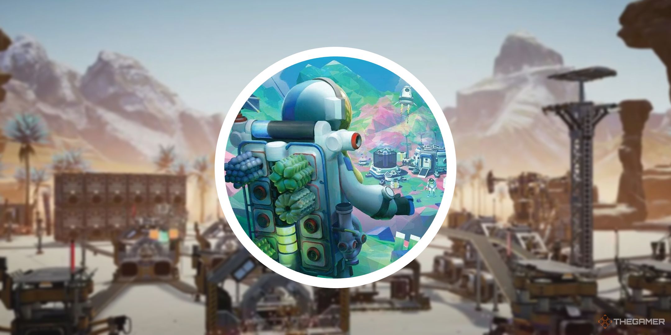 blurry image of satisfactory with circle png of astroneer astronaut promotional image