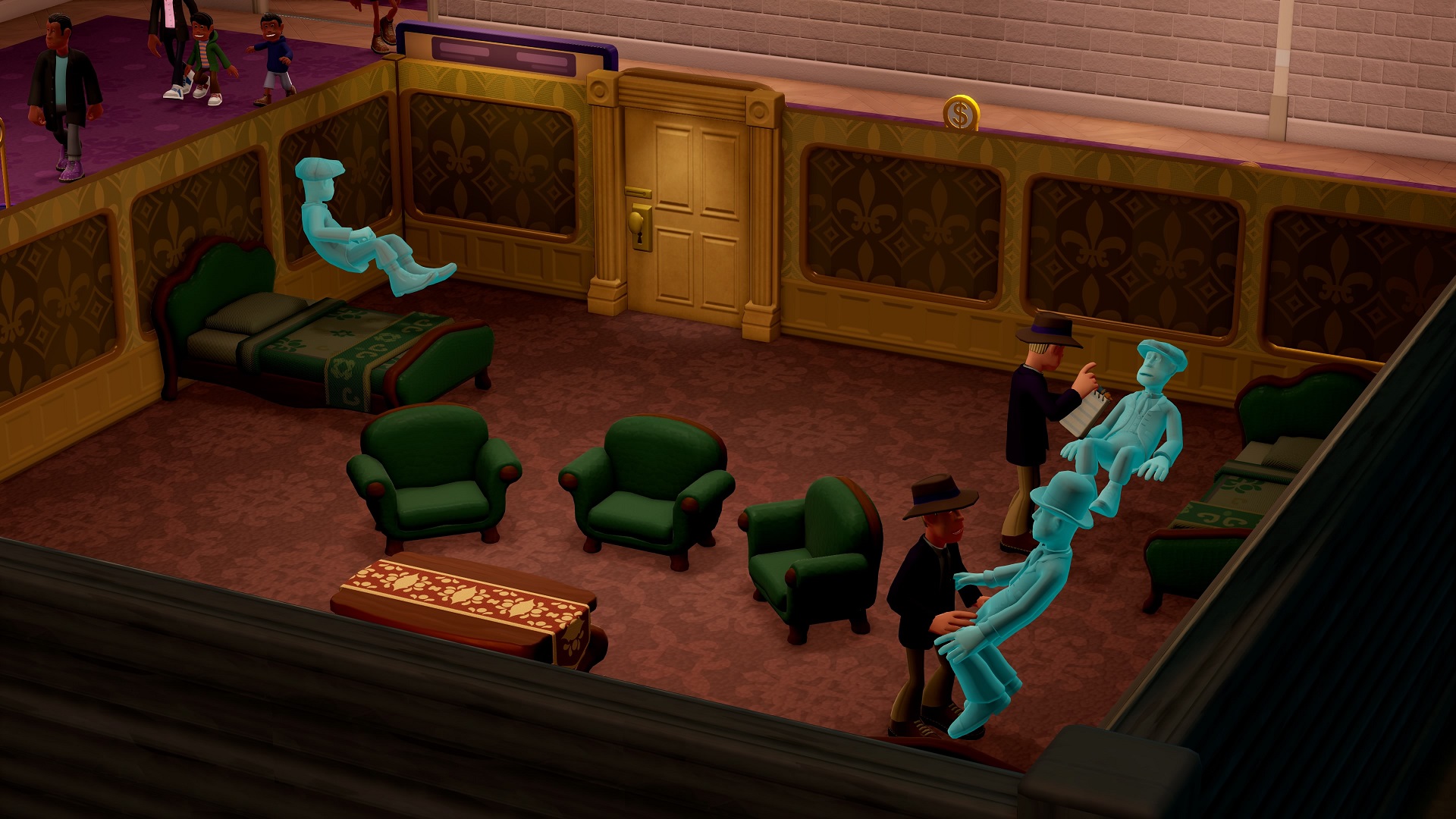 Two Point Museum screenshot of ghosts in a haunted hotel museum