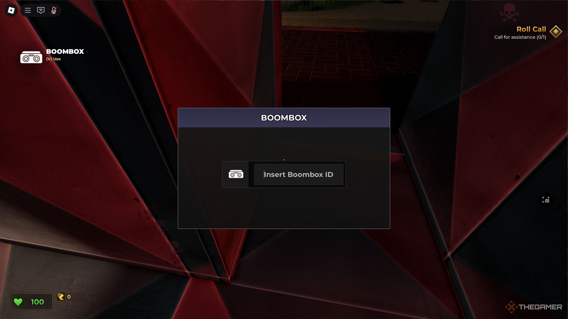 The Boombox menu to play a song ID in Roblox Evade.