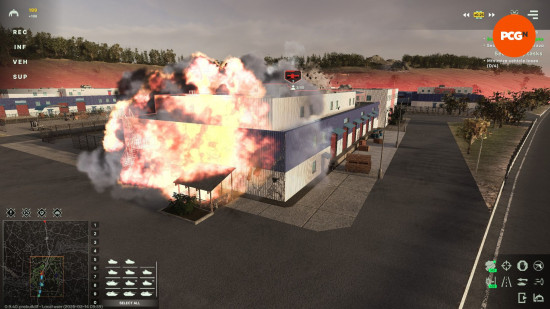 Broken Arrow preview: an explosion on the side of a large industrial building.