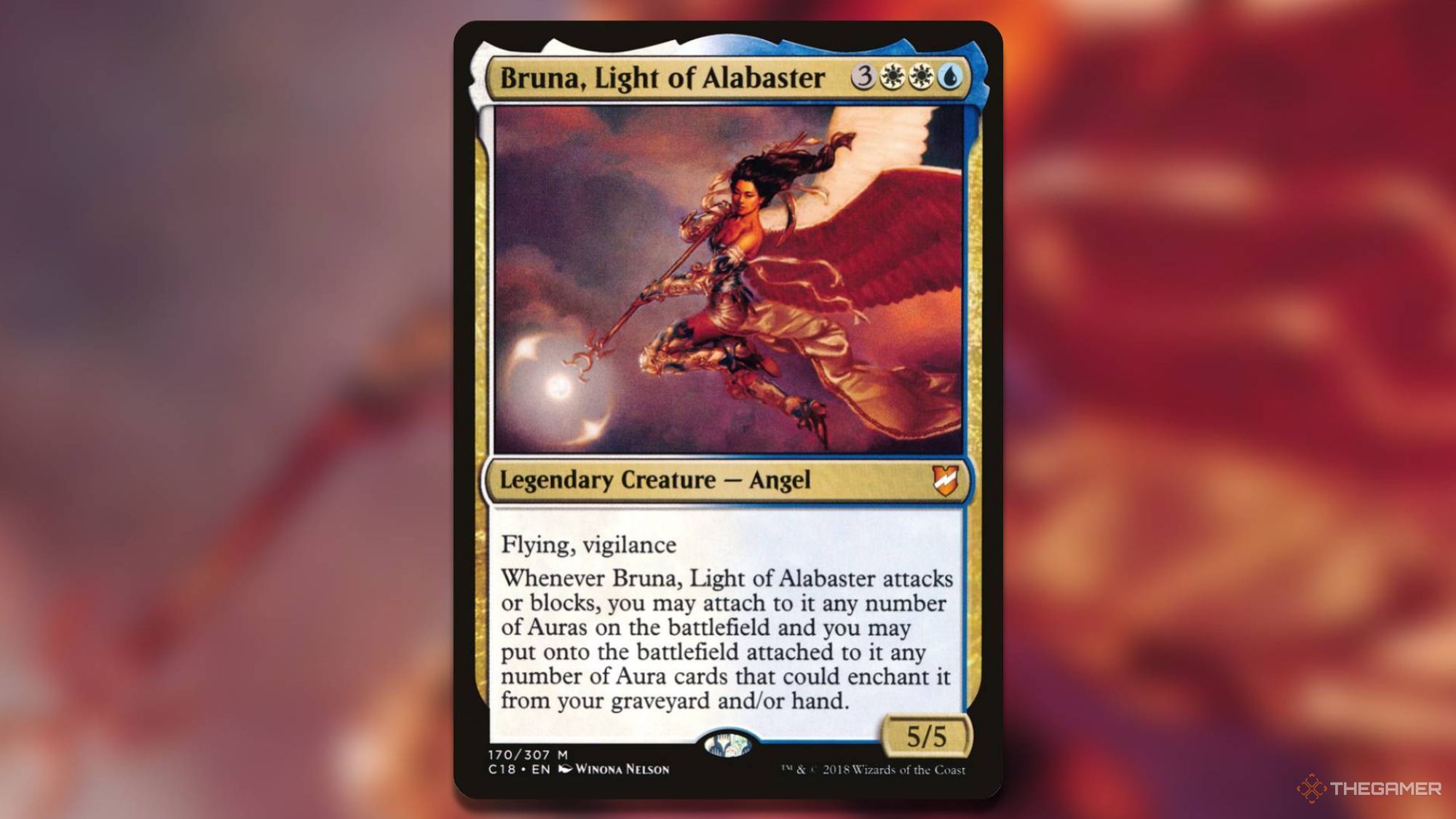 Bruna, in mid-air, takes aim with her staff in the Bruna, Light of Alabaster MTG card.