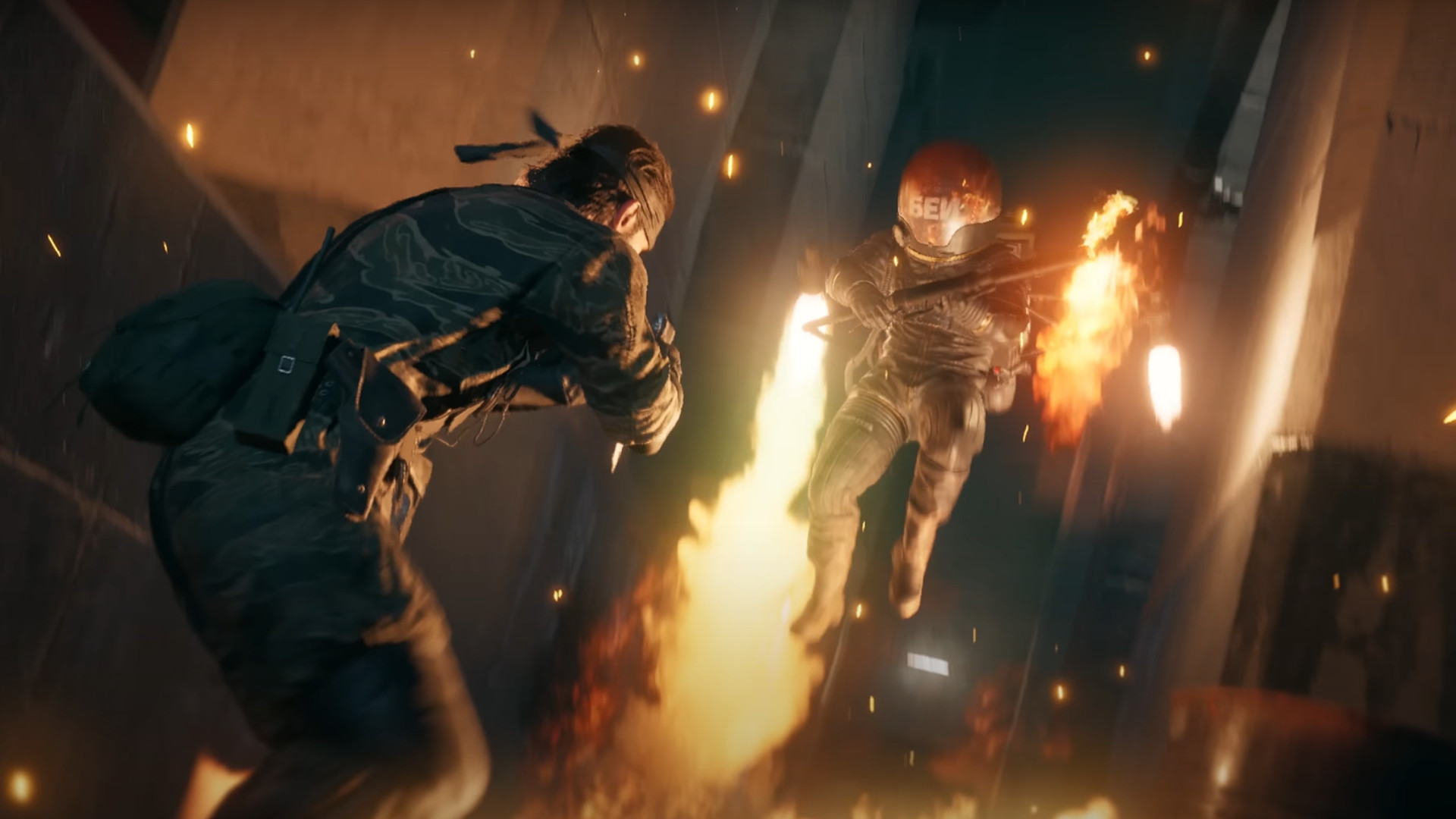 Snake fighting an enemy on fire during the Metal Gear Delta trailer.