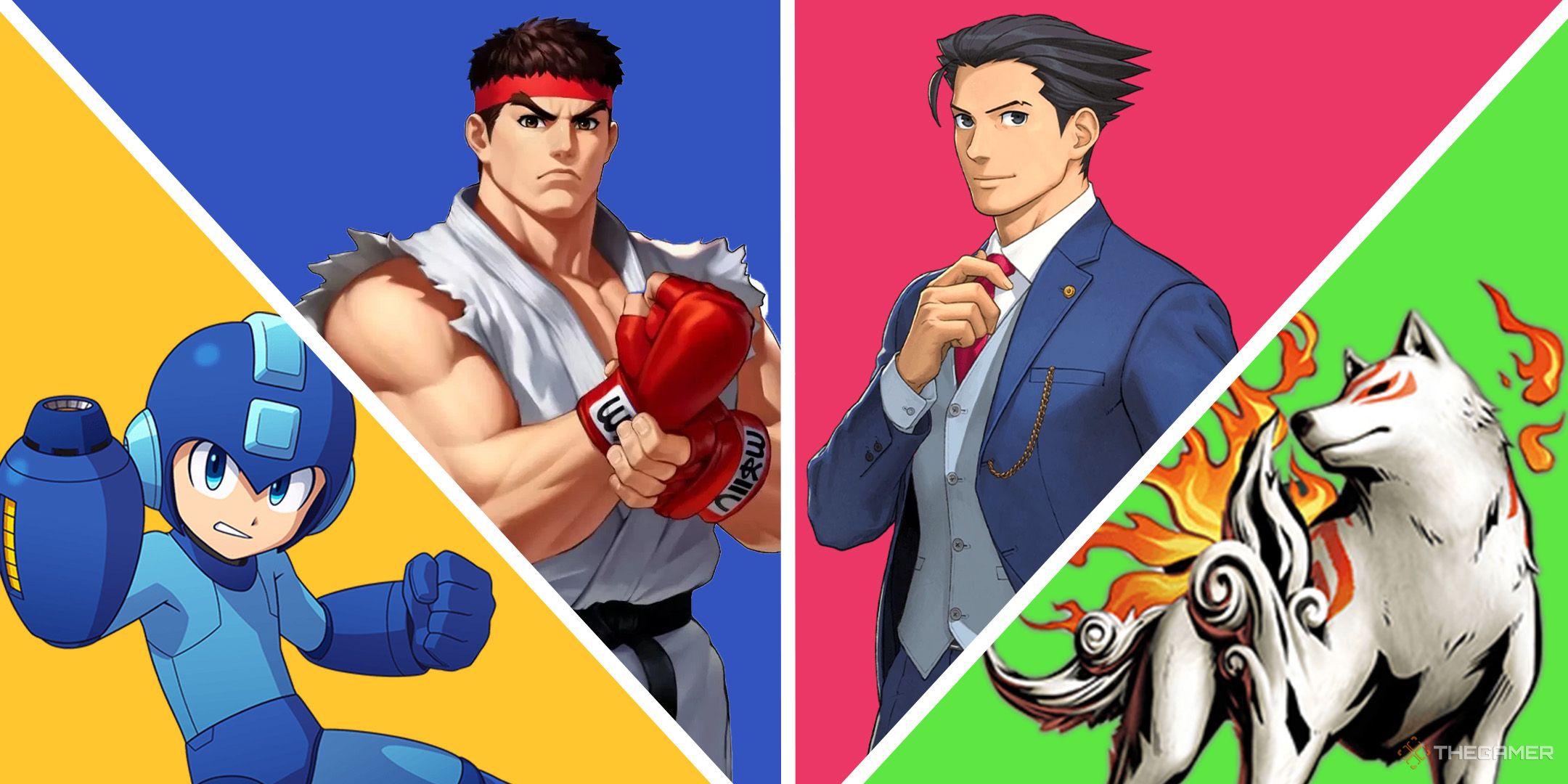 A split image of Capcom IPs. From left to right: Mega Man, Ryu from Street Fighter, Phoenix Wright from Ace Attorney, and Amaterasu from Okami.