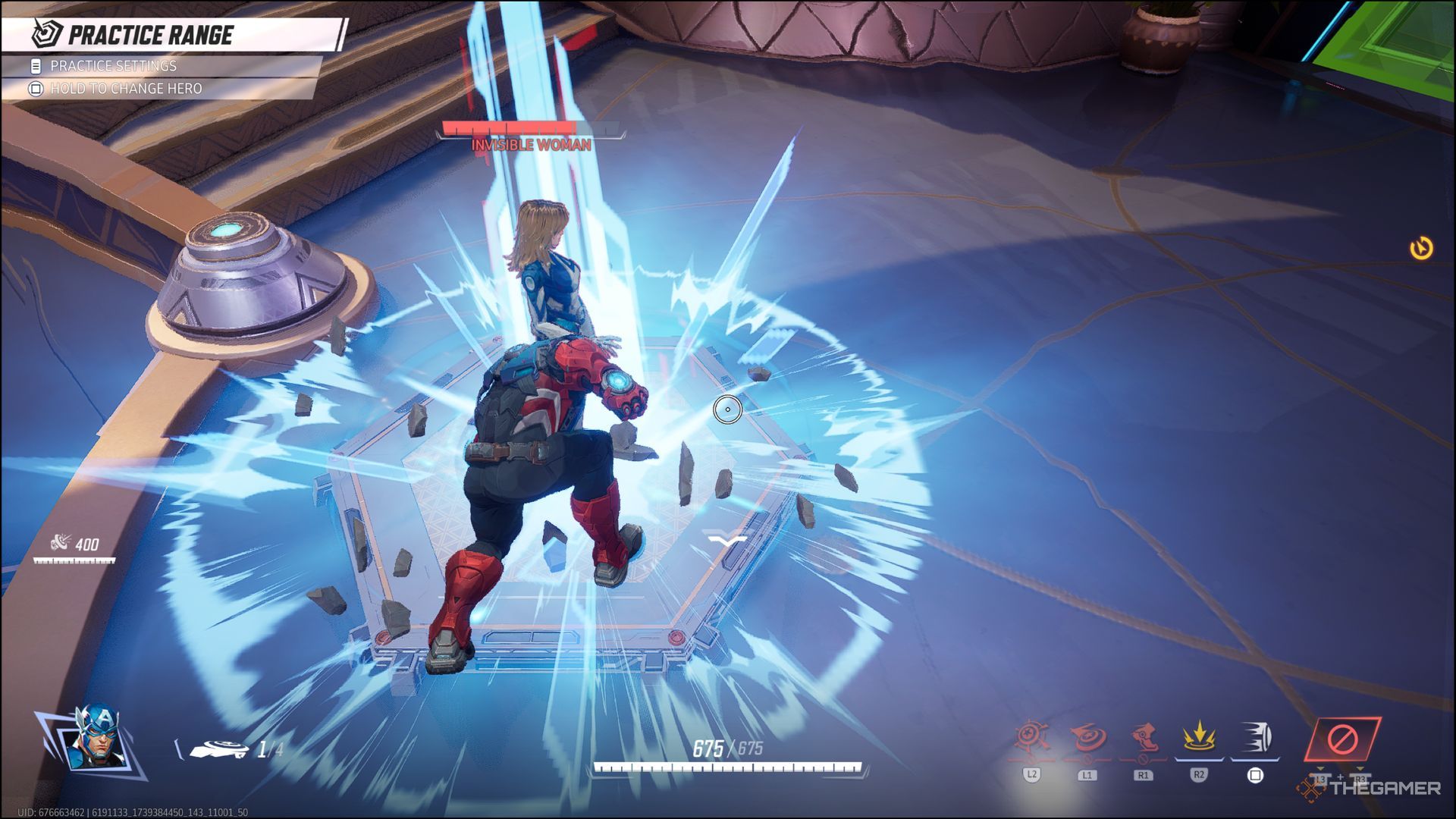 Captain America slamming down his shield against Invisible Woman in Marvel Rivals' Practice Range.