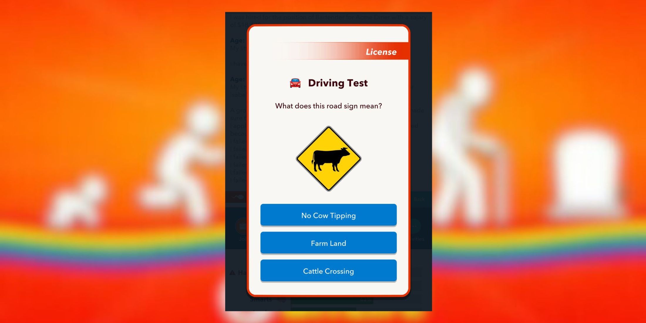 cattle crossing sign in driving test bitlife