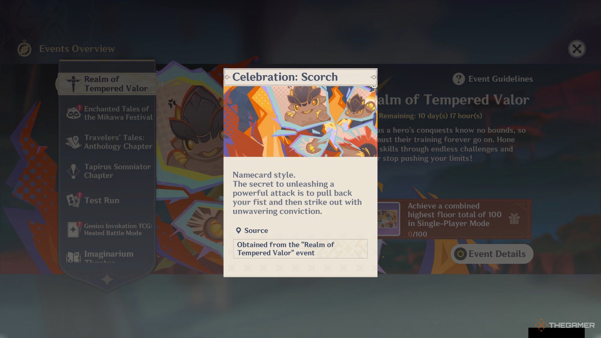 Celebration Scorch Namecard display in Realm of Tempered Valor Genshin Impact.