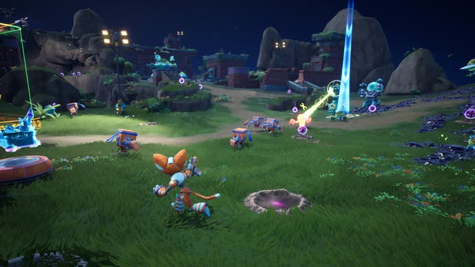 Chip n Clawz vs the Brainioids screenshot showing action at the 3rd person level at night