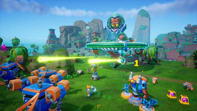 Chip n Clawz vs the Brainioids screenshot showing an alien dropship on a grassy map