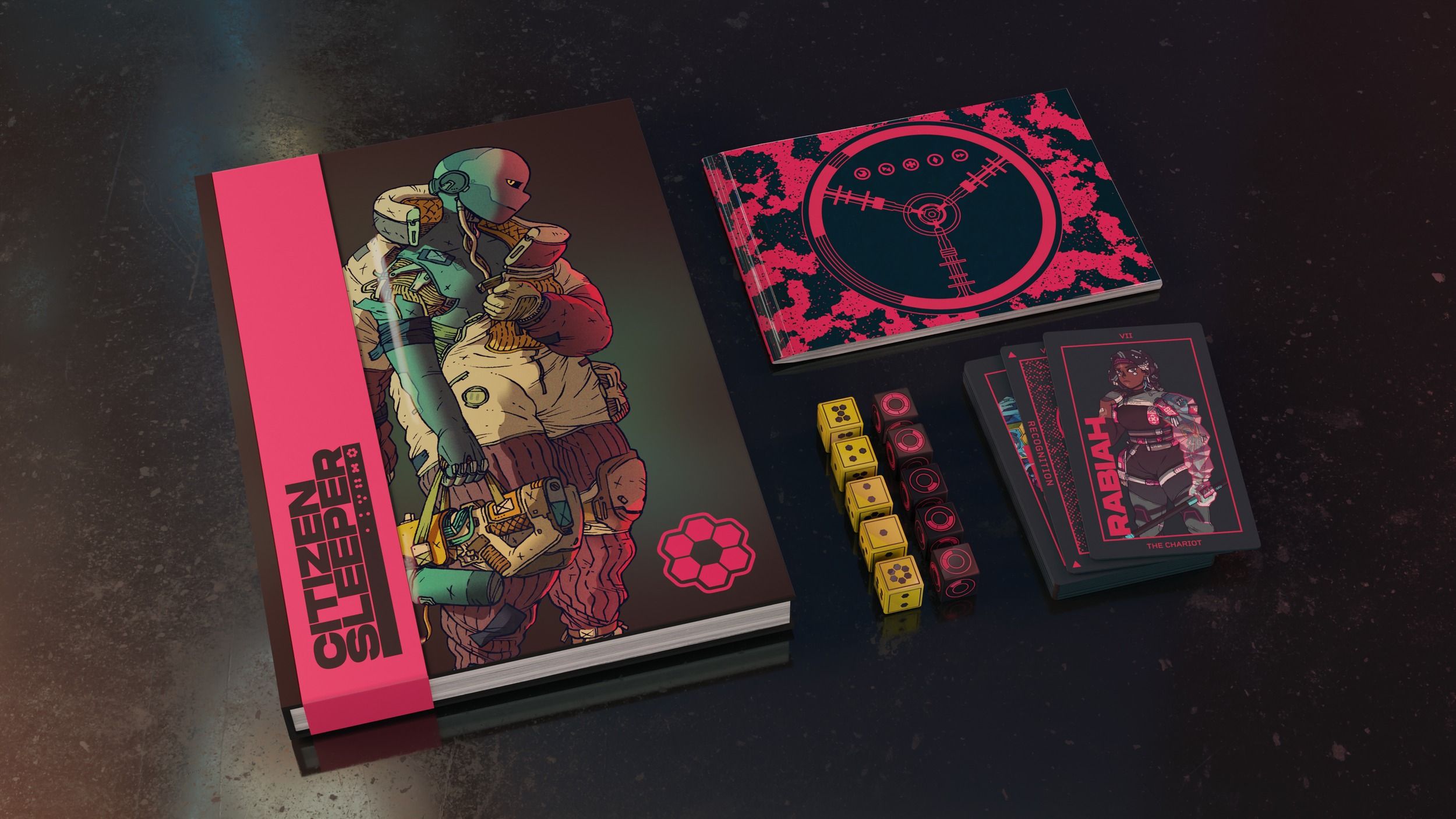 citizen sleeper design works book by lost in cult next to the ttrpg and custom dice