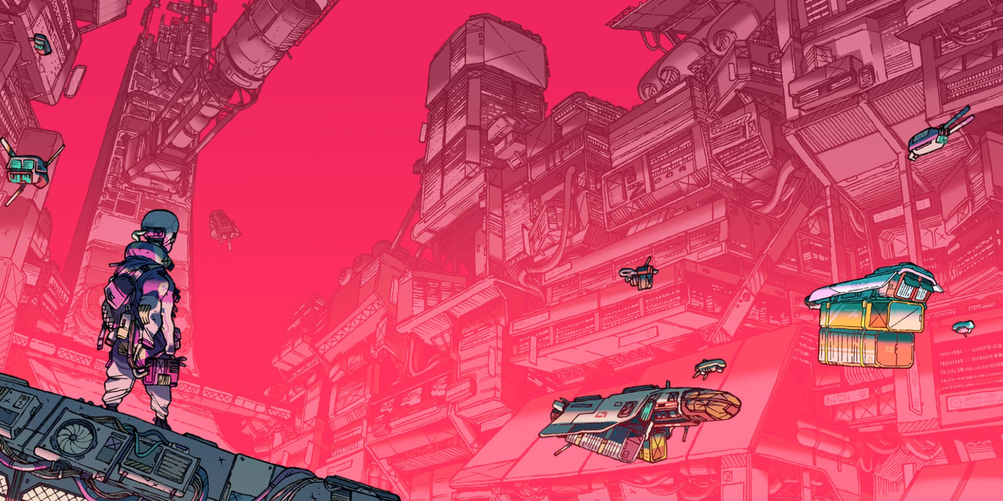 Citizen Sleeper character looking at flying aircraft and buildings with a red mist over them.