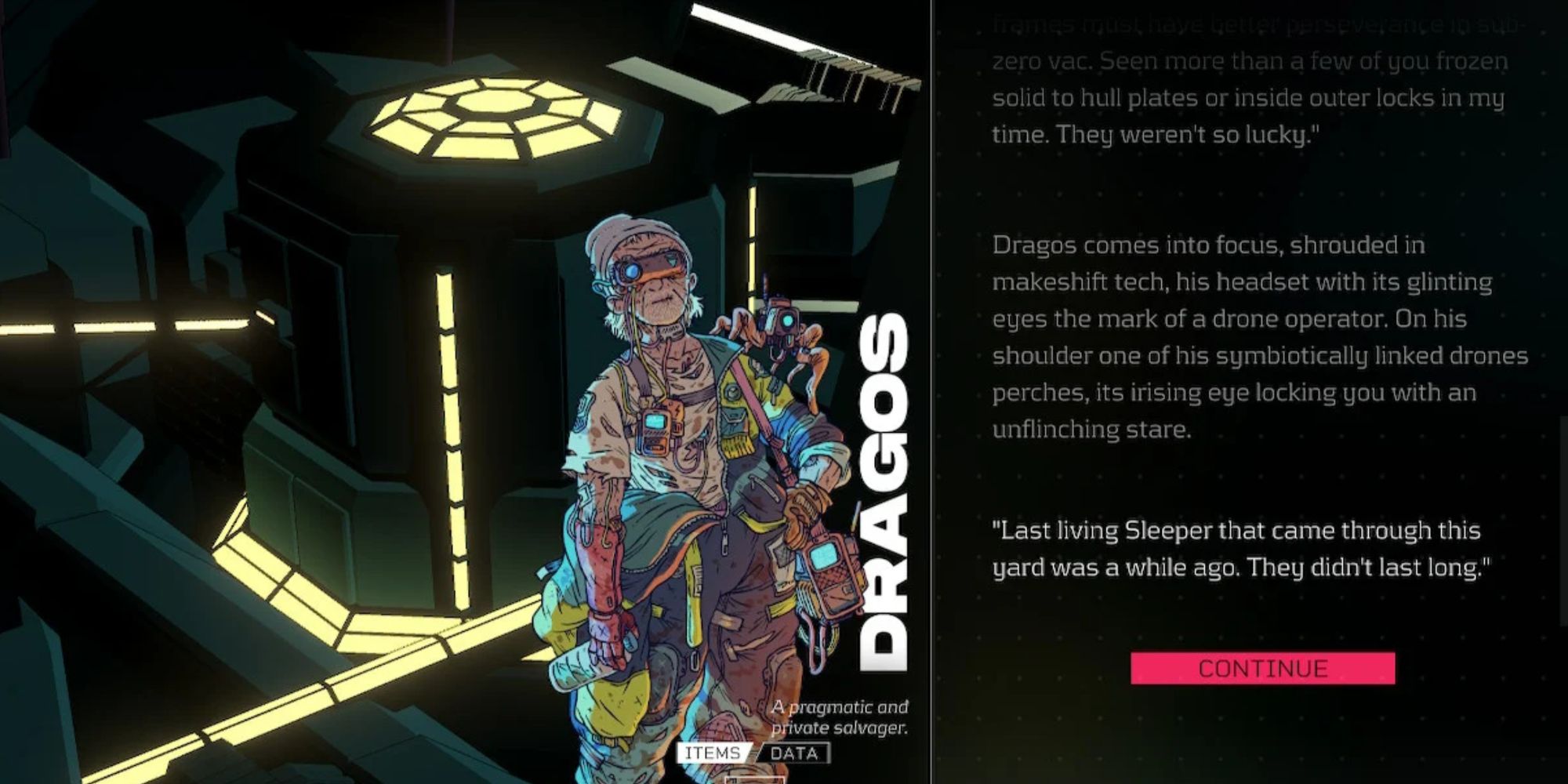 The player interacting with Dragos in Citizen Sleeper, with the character design and interactive text displayed.