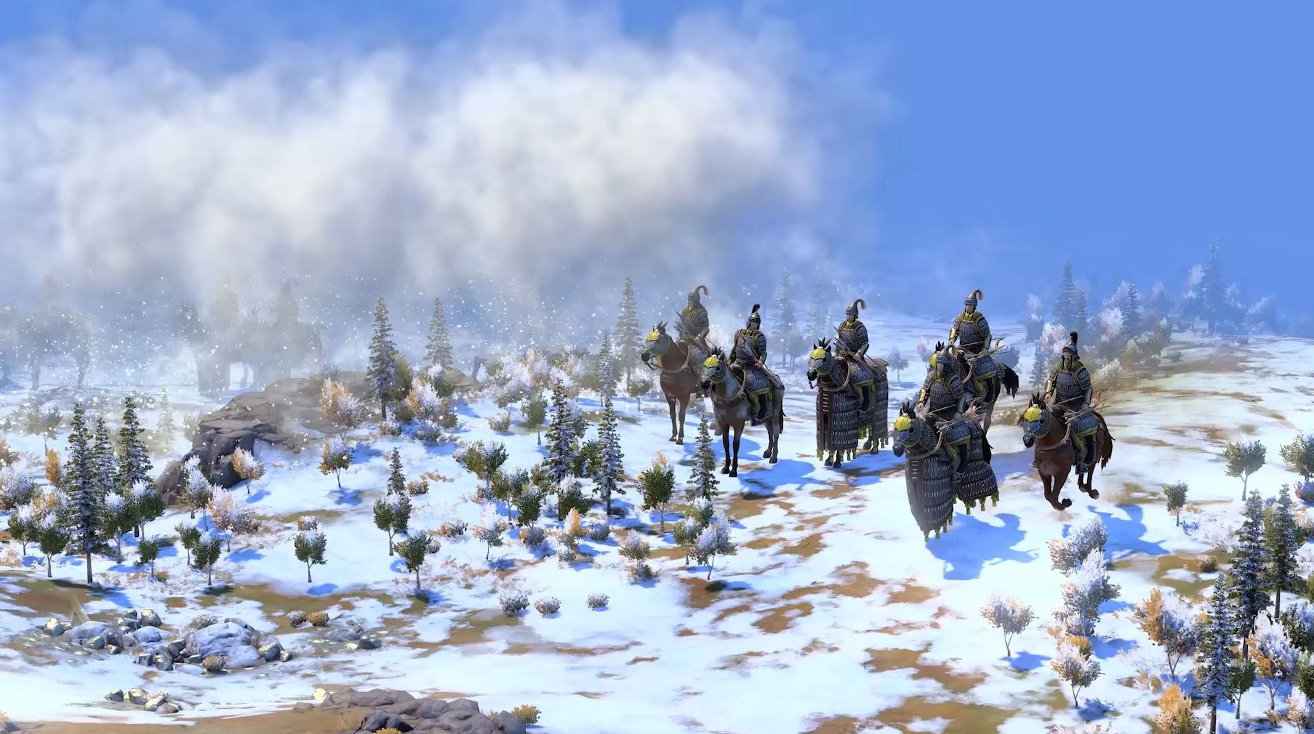 Mongolian keshiks standing in the snow in civilization 7.