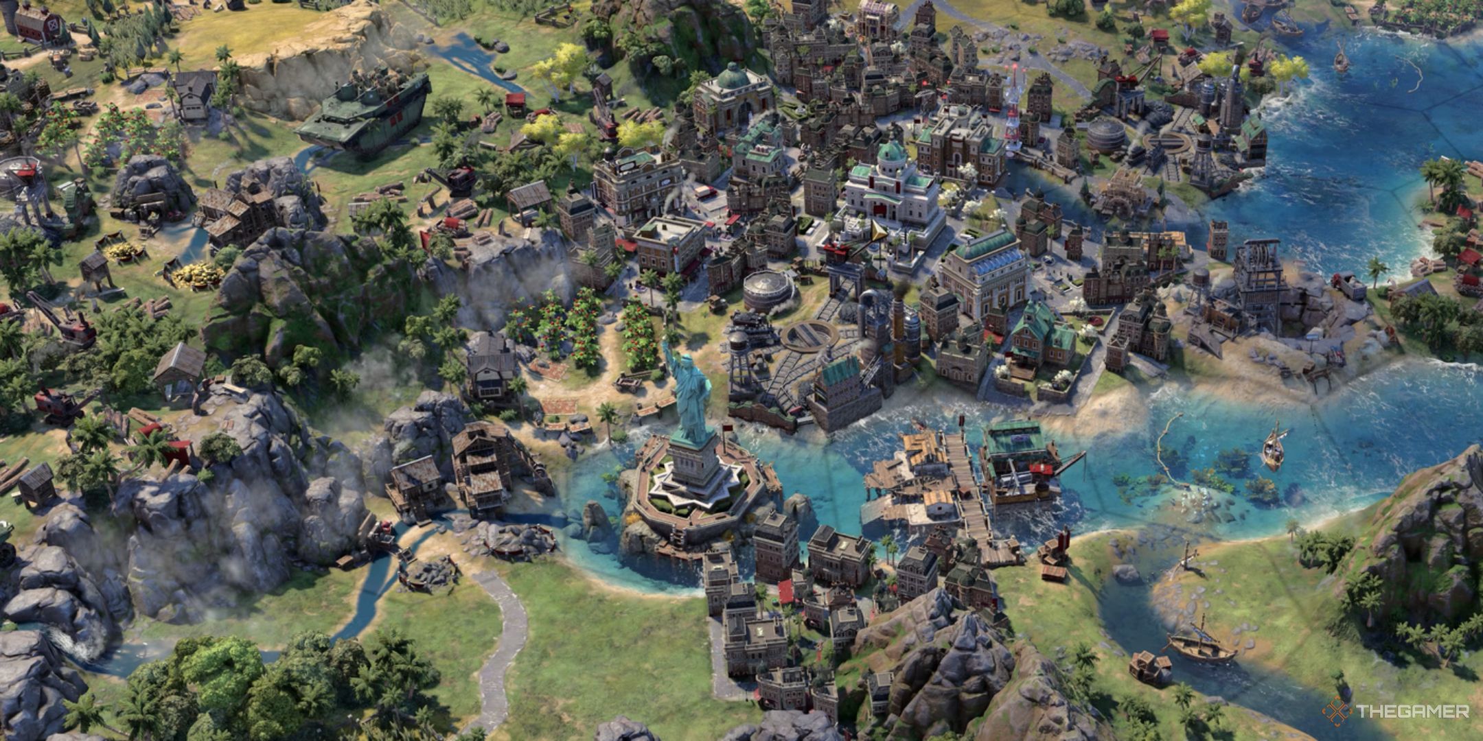 An American city with the Statue of Liberty wonder in Civilization 7.