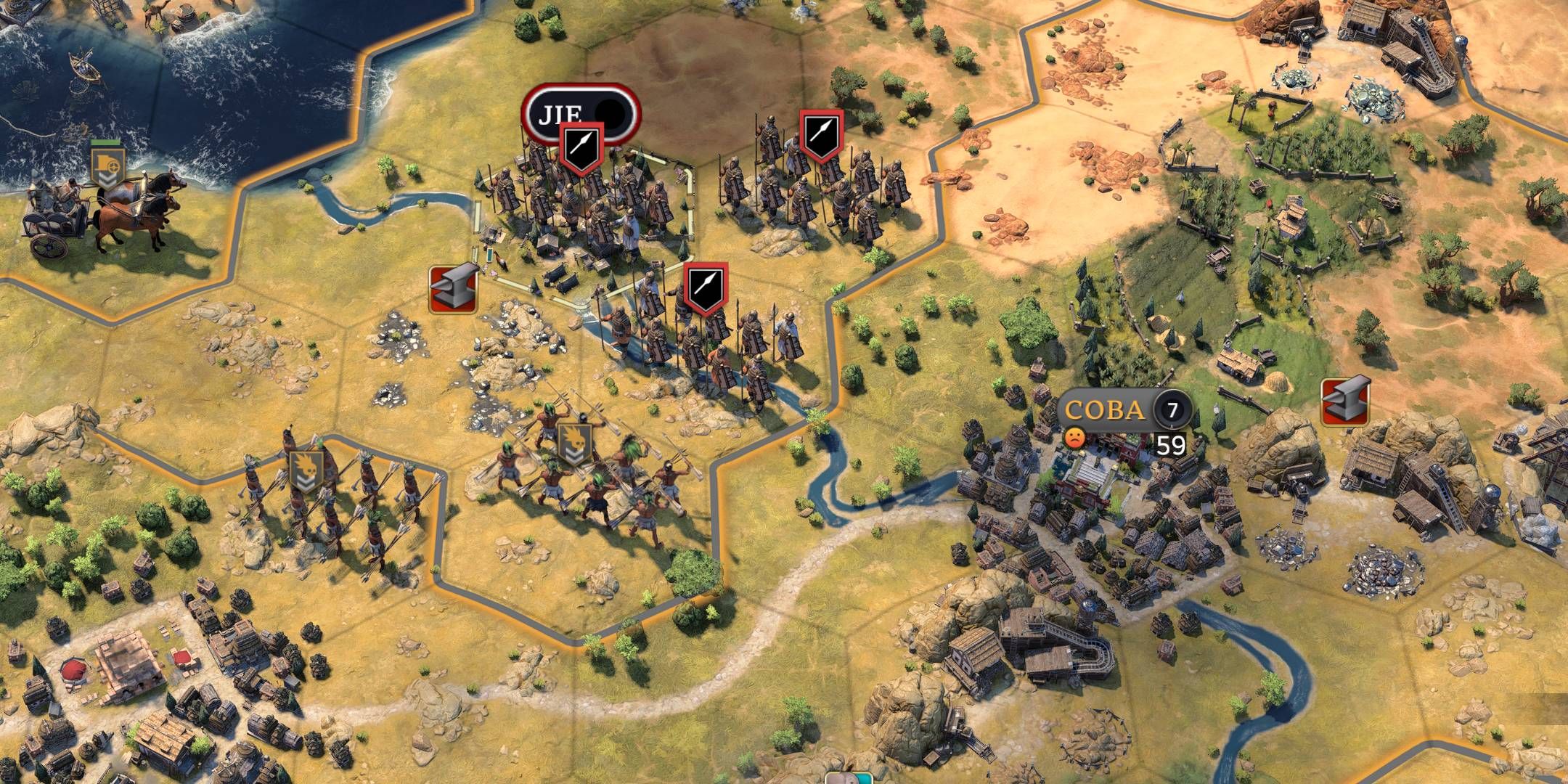 Several hostile city state units standing near a city in Civilization 7.