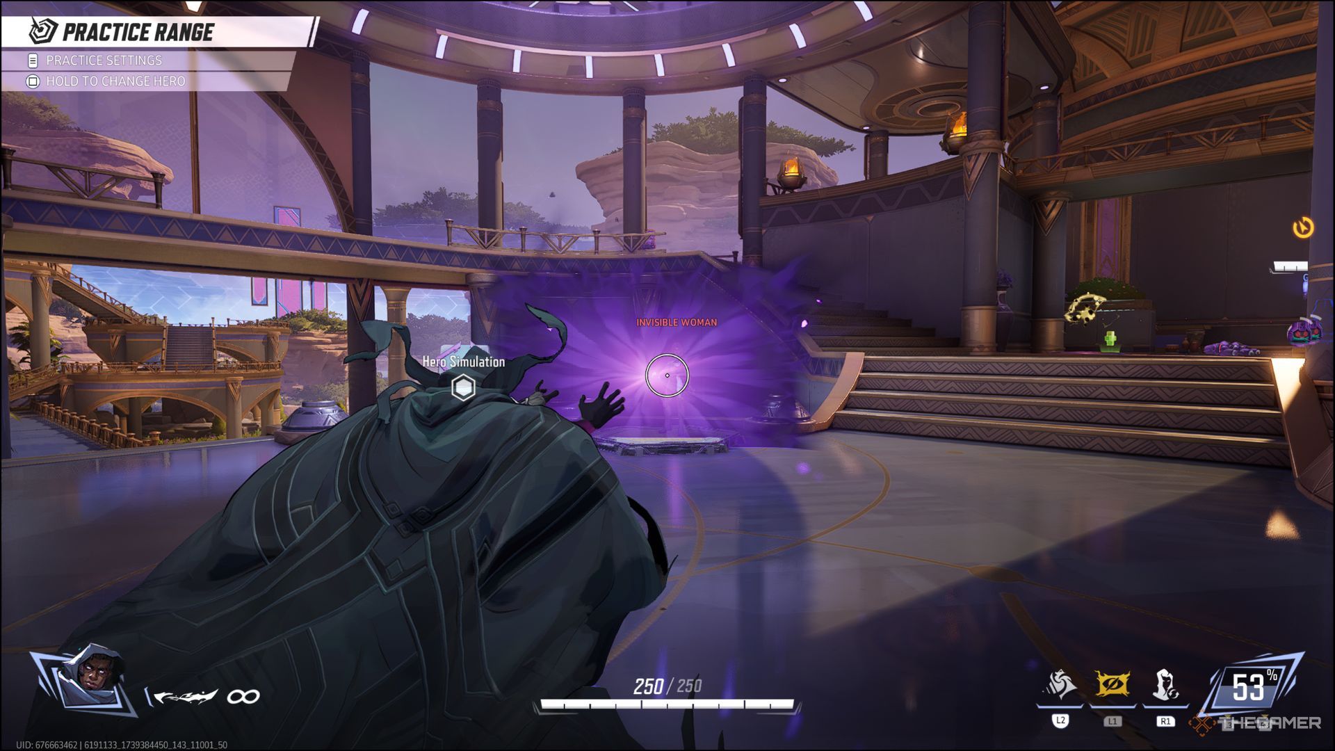 Cloak pushing a purple veil against Invisible Woman in Marvel Rivals' Practice Range.